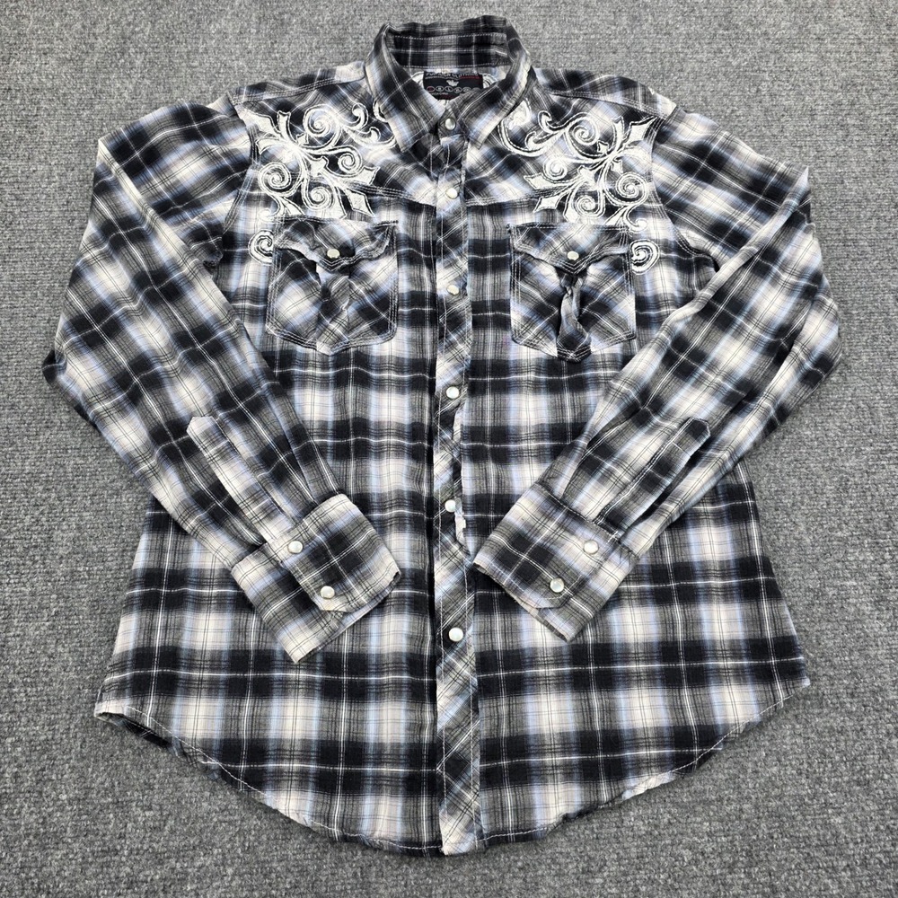 Pop Icon Clothing‎ Mens Black White Plaid Western Shirt Embroidered Size S BKE